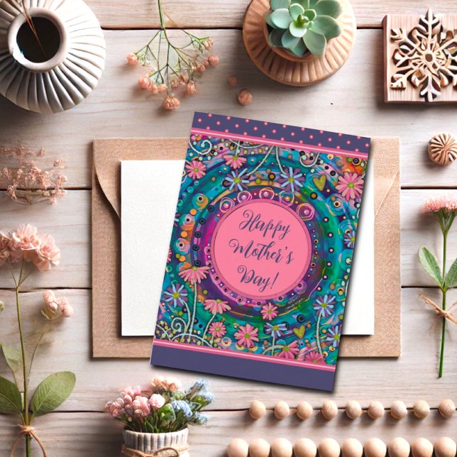 Cartão Dia da Mãe Azul Bonito Floral, Rosa-Rosa, Elegante (Criador carregado)