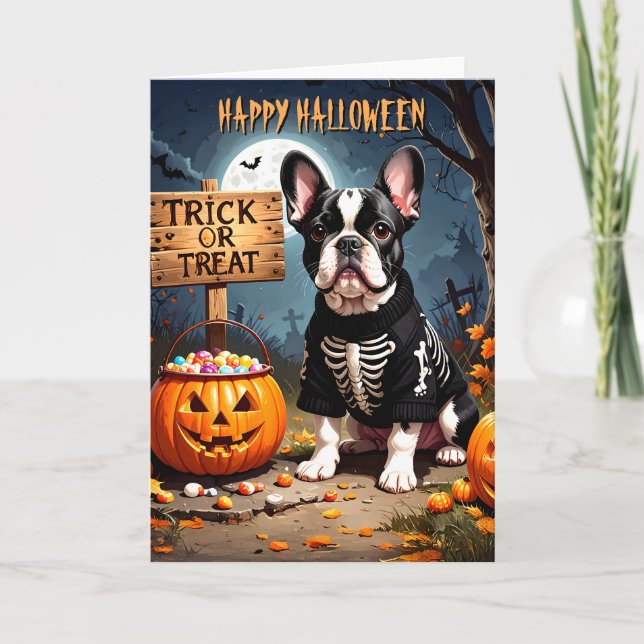 Cartão Dia das Bruxas do Buldogue Negro (Frente)