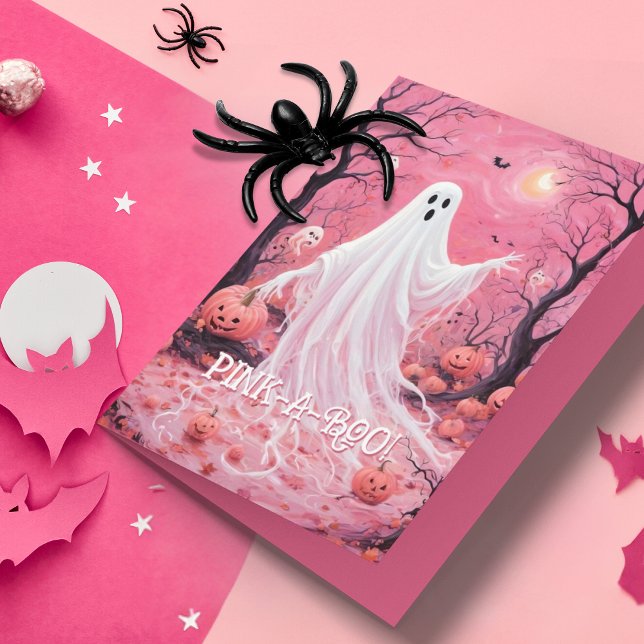 Cartão Dia das Bruxas Fantasmas Rosa-a-Boo (The perfect Halloween card for young girls or anyone that loves pink!)