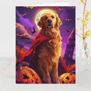 Cartão Dia das Bruxas Golden Retriever Vampiro Abóboras A