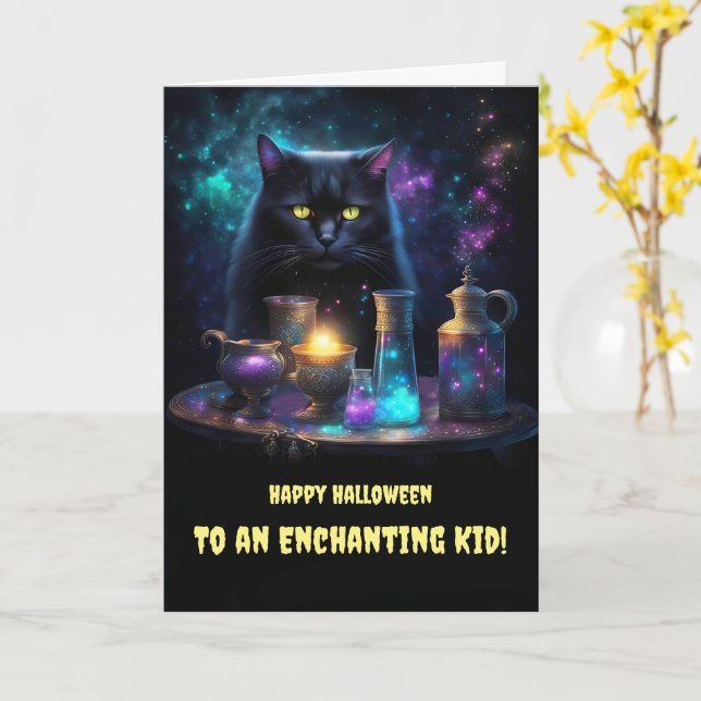 Cartão Dia das Bruxas para Crianças Meninas Gata Negra (Flor Amarela)