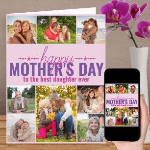 Cartão Dia das Mães 8 Colagem de Fotos Personalizado Rosa