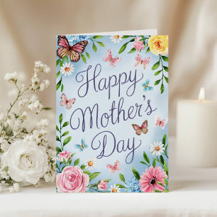 Cartão Dia das Mães Borboleta Floral Rosa Aquarela