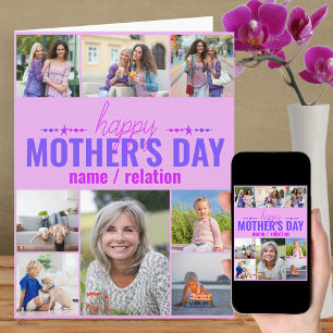 Cartão Dia das Mães Colagem de 8 Fotos Rosa Personalizado