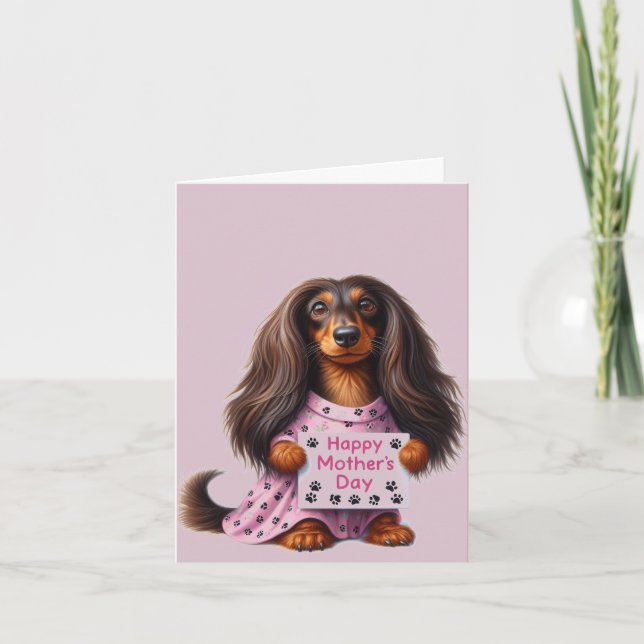 Cartão Dia das Mães Dachshund de Cabelo Longo (Frente)