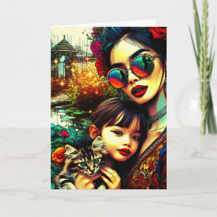 Cartão Dia das Mães Mãe e Filha Jardim de Flores Asiático