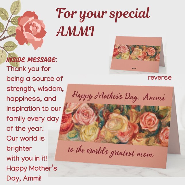 Cartão Dia das Mães Melhor Ammi Urdu Árabe Mamãe (A beautiful floral roses Mother's Day card for your special Ammi (mom). All text customizable.)