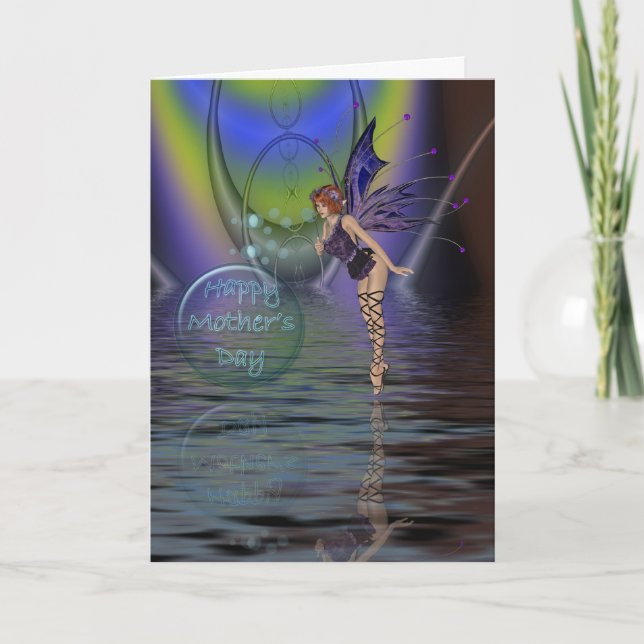 Cartão Dia de as mães com fada e bolhas sobre água (Frente)