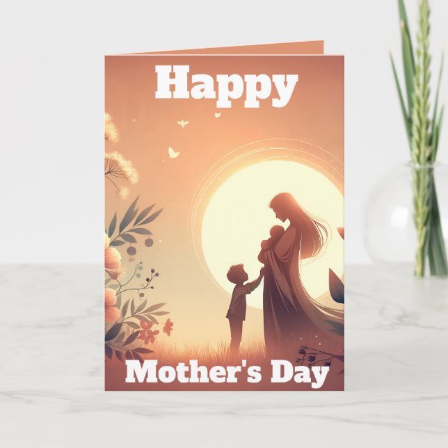Cartão Dia de as mães com Silhouette Mãe e Filhos (Frente)