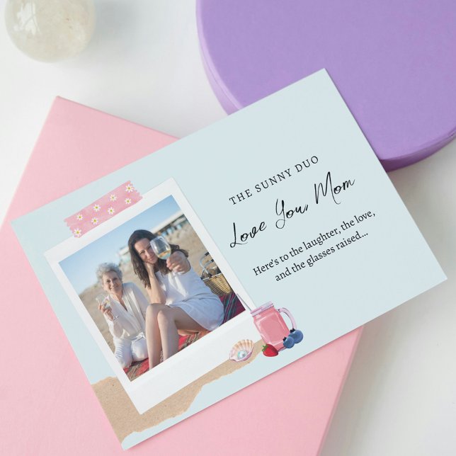 Cartão Dia de as mães de Fotografia da Filha Azul Rosa Pa (Criador carregado)