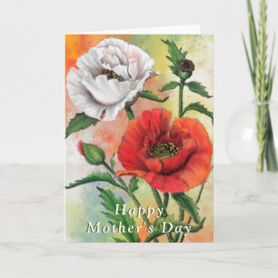 Cartão Dia de as mães Feliz - Belos Poppies Brancos Verm