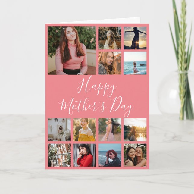 Cartão Dia de as mães Feliz Colagem de Fotos Rosa e Branc (Frente)