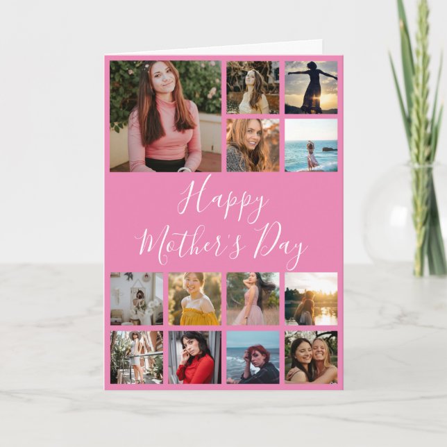 Cartão Dia de as mães Feliz Colagem de Fotos Rosa e Branc (Frente)