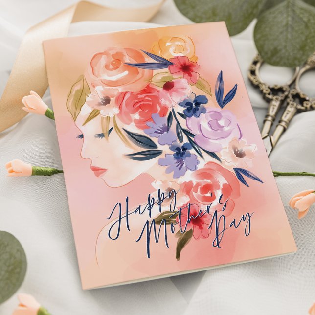 Cartão Dia de as mães Feliz da Mulher Floral Elegante (Elegant Floral Woman Watercolor Happy Mother's Day Card)
