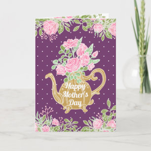 Cartão Dia de as mães Feliz das Flores Douradas de Bule 