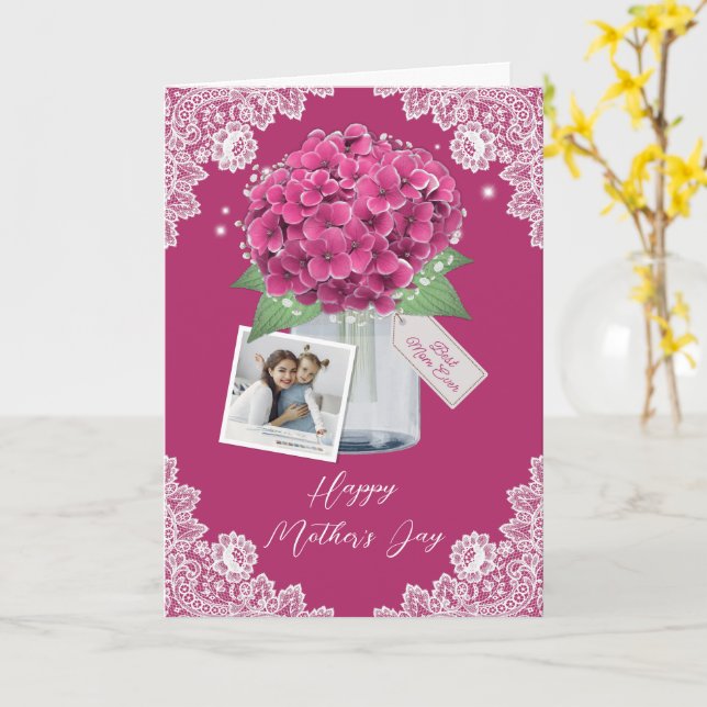 Cartão Dia de as mães Feliz de Foto de Hydrangea Rosa Ele (Flor Amarela)