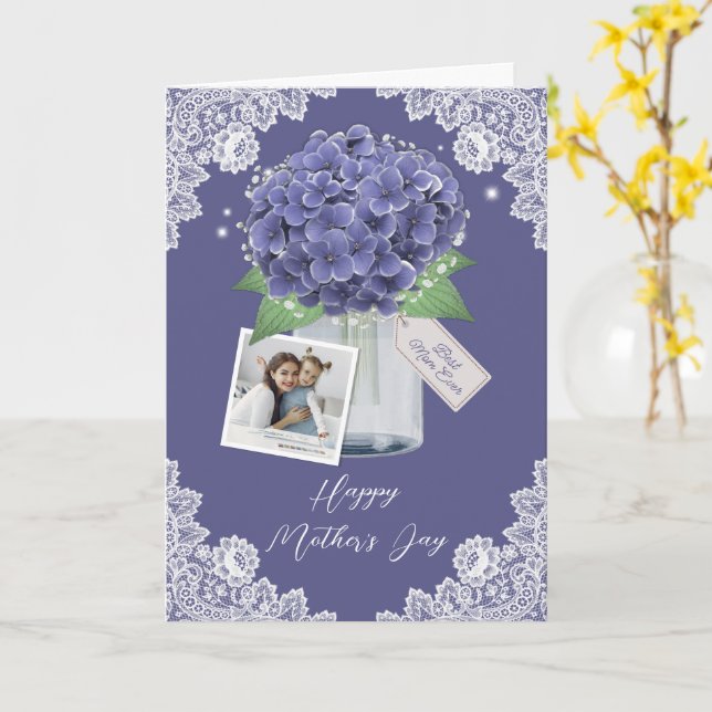 Cartão Dia de as mães Feliz de Foto Floral Roxo Elegante (Flor Amarela)