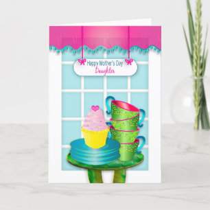 Cartão Dia de as mães, filha, janela e Cupcake e janelas