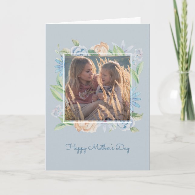 Cartão Dia de as mães Floral Molho Azul Aquoso Desenhado (Frente)