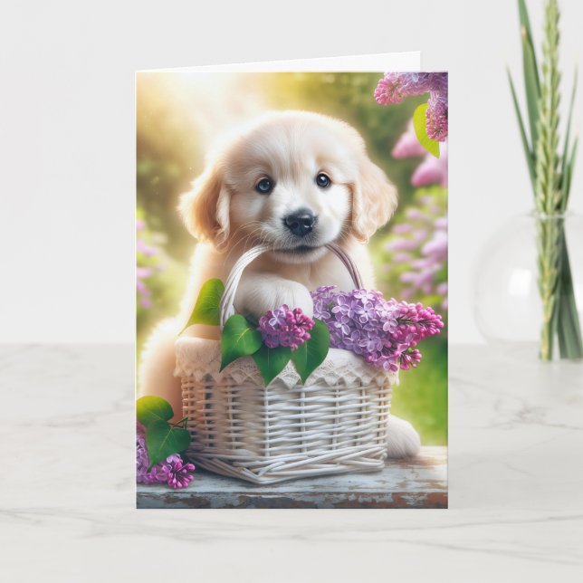 Cartão Dia de as mães Retriever Puppy Com Lilacs (Frente)