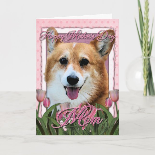 Cartão Dia de as mães - Tulipas Rosa - Corgi - Owen (Frente)