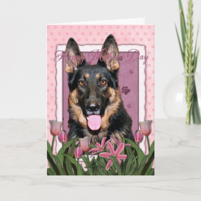 Cartão Dia de as mães - Tulipas Rosa - German shepherd -  (Frente)