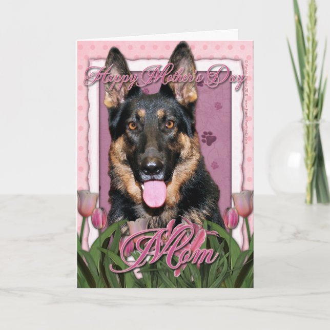 Cartão Dia de as mães - Tulipas Rosa - German shepherd -  (Frente)