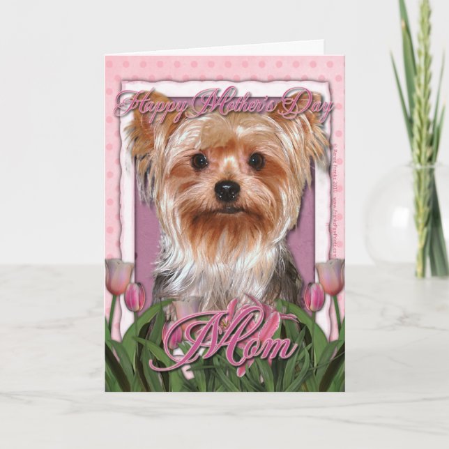 Cartão Dia de as mães - Tulipas Rosa - Yorkshire Terrier (Frente)