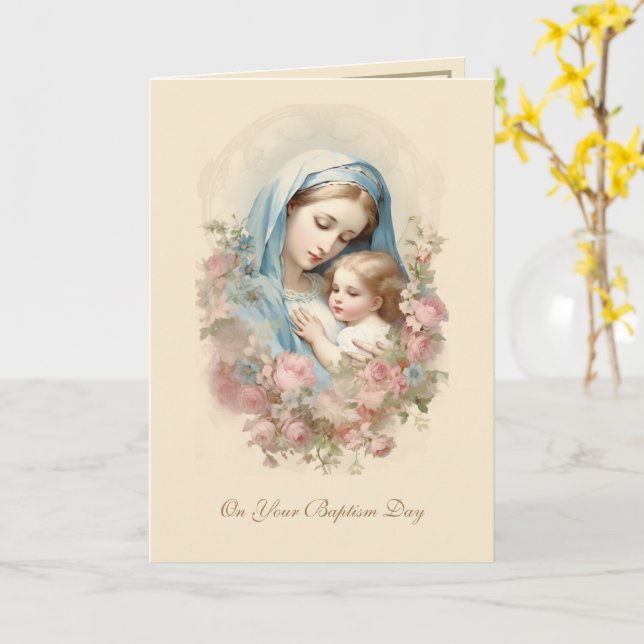 Cartão Dia de Batismo Católico Mãe e Filho Abençoados Flo (Flor Amarela)
