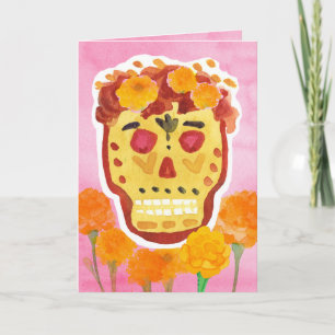 Cartão Dia de los Muertos Dia dos Mortos Caveira Marigold