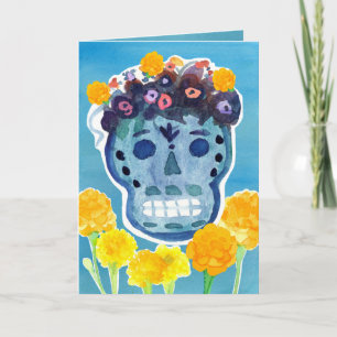 Cartão Dia de los Muertos Dia dos Mortos Caveira Marigold