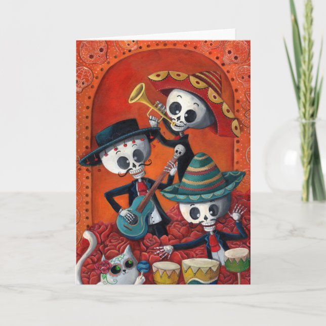 Cartão Dia de Los Muertos Skeleton Mariachi Trio (Frente)