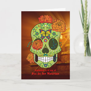 Cartão Dia de los Muertos Sugar Skull, Flores em Español