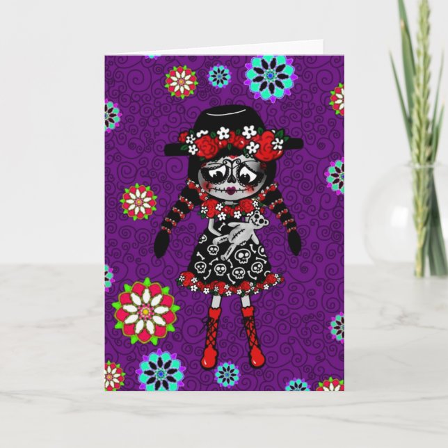 Cartão Día de Muertos Kawaii Girl personalizada (Frente)