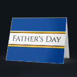 Cartão DIA DE OS PAIS Marinho Real Bandas de Corrida Bran<br><div class="desc">Este design de classe divertida apresenta dentro de tipografia moderna uma ampla faixa central branca realçada com pinstripes negras, amarelas e laranja sobre um fundo azul-marinho real com DIA DE OS PAIS escrito na design. Torne-o seu: tanto a cor da faixa central como a cor de fundo deste design podem...</div>