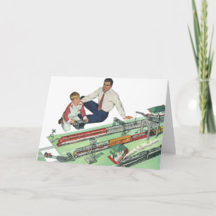Cartão Dia de os pais, Pai e Filho Vintage com Comboios