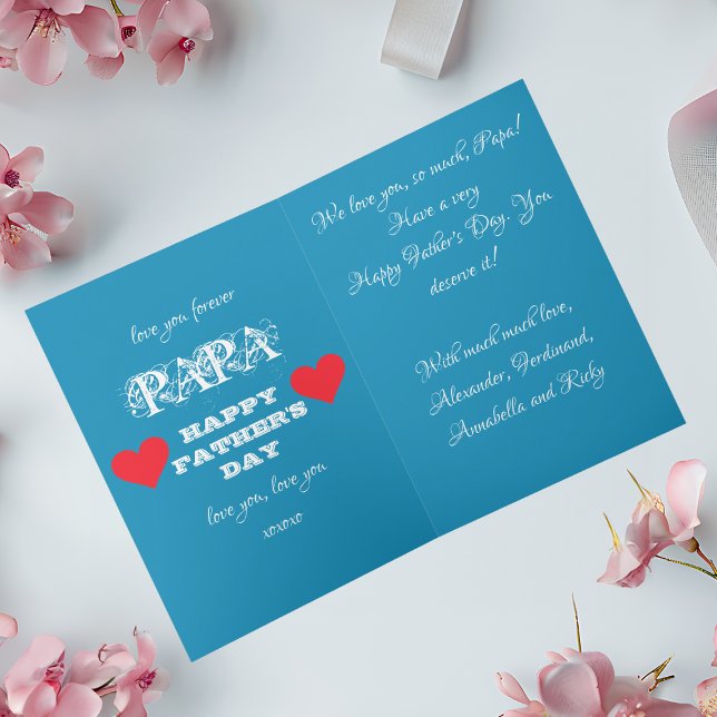 Cartão Dia de os pais Vermelho Branco Azul Moderno e Ador (Show him how much the family cares with this Gushy Sweet & Loving Blue & White with Red Hearts Card.)