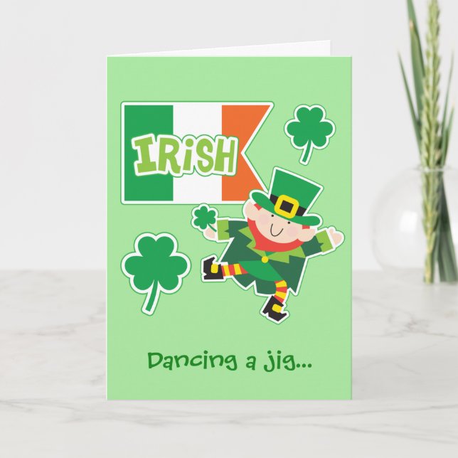 Cartão Dia de São Patrício Cute Leprechaun Jig (Frente)