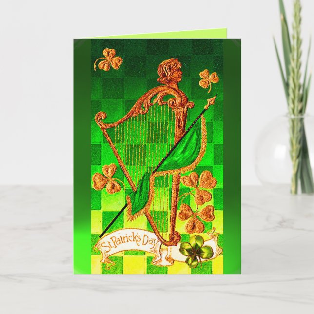 CARTÃO DIA DE SÃO PATRÍCIO IRLANDÊS HARP, VERDE DOURADO S (Frente)