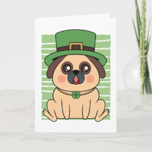 Cartão Dia de São Patrício Pug Cachorro Trevo da Sorte