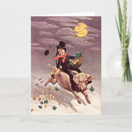 Cartão Dia de São Patrício Trevo Dourado Lua Porco Vintag