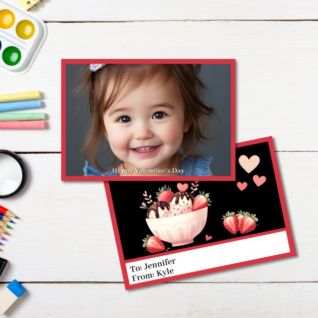 Cartão Dia do Namorados da sala de aula de fotos do deser (Strawberry Ice cream Photo Valentine)