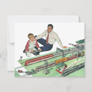 Cartão Dia dos Pais Antigo, Pai e Filho com Trens