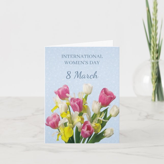 Cartão Dia Internacional da Mulher, tulipas rosa e branco (Frente)