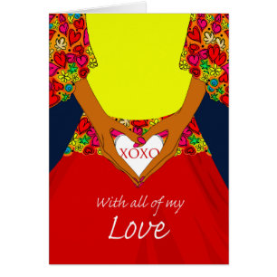 Cartão Dia mais doce, mulher segurando coração com XOXO