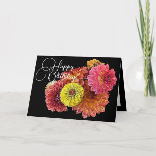 Cartão Díadas Laranja Rosa Zínia Amarela Floral Aniversár