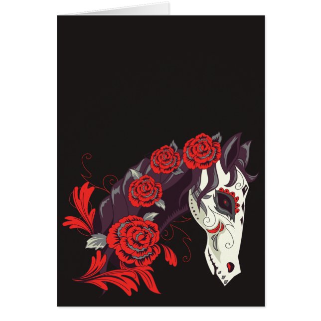 Cartão Dias de los Muertos Horse Skull com Rosas (Frente)