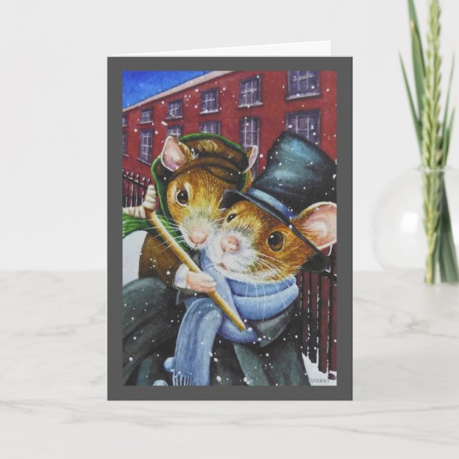 Cartão Dickens Christmas Carol Mice Watercolor Art (Frente)