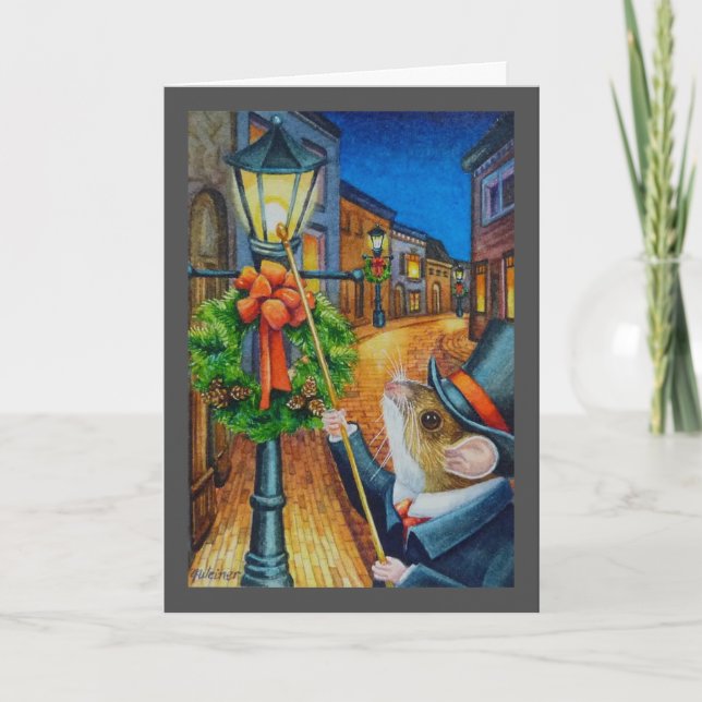 Cartão Dickens Christmas Lamplighter Mouse Watercolor Art (Frente)