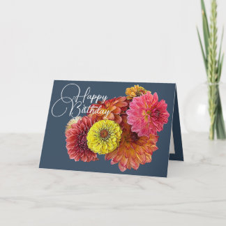 Cartão Díhlias Laranja Rosa Zínia Amarela Floral Aniversá